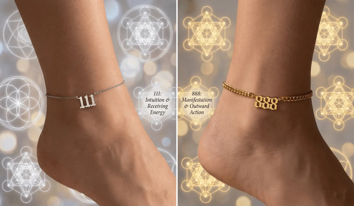 Comparison of angel number anklets on left and right ankles representing receiving and manifesting energy.