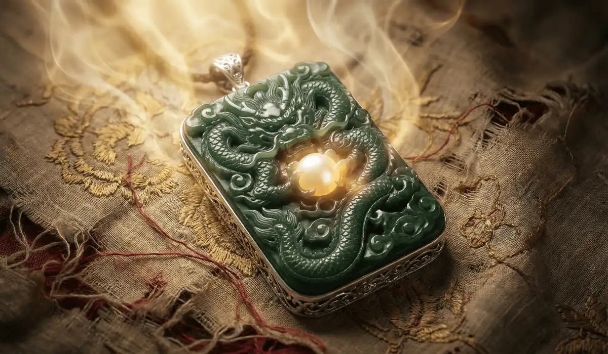 A detailed jade dragon pendant representing spiritual craftsmanship and heavenly guardian protection.