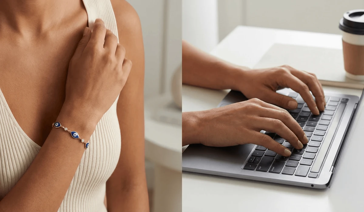 Demonstration of wearing an evil eye necklace on the left side for emotional protection and the right side for outward productivity.