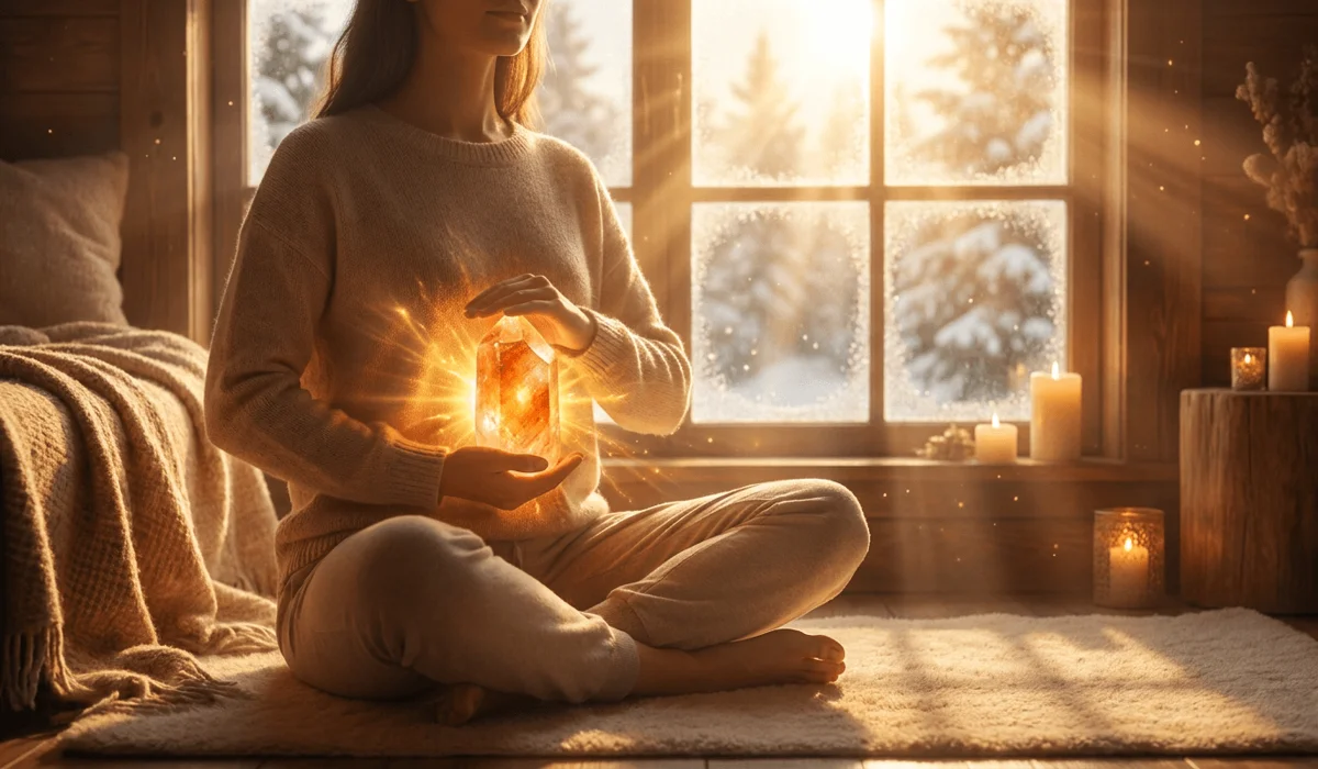 Person meditating with a Sunstone crystal to balance solar plexus chakra and cultivate warmth during winter.