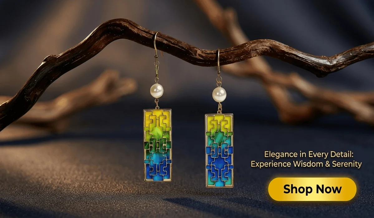 Zen Lattice Filigree Earrings with yellow-blue gradient and pearl hanging on a branch - High-end Oriental style jewelry for Wisdom and Serenity