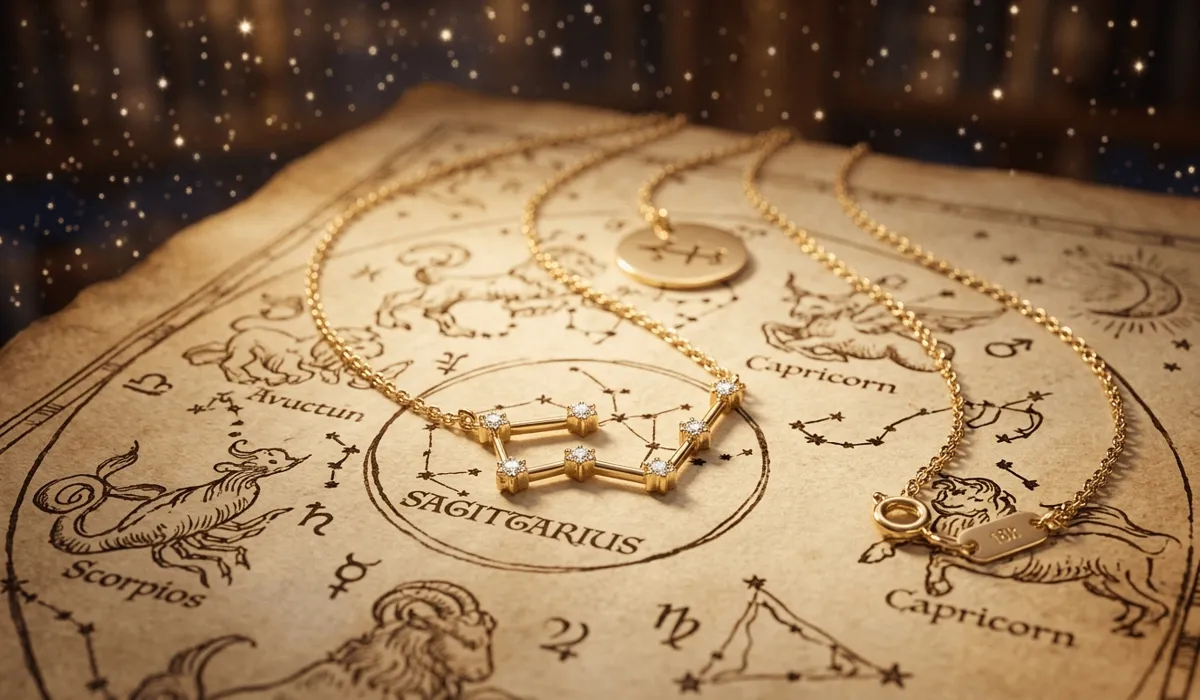 A luxury gold zodiac constellation necklace resting on an ancient celestial star map parchment, representing astrological destiny.