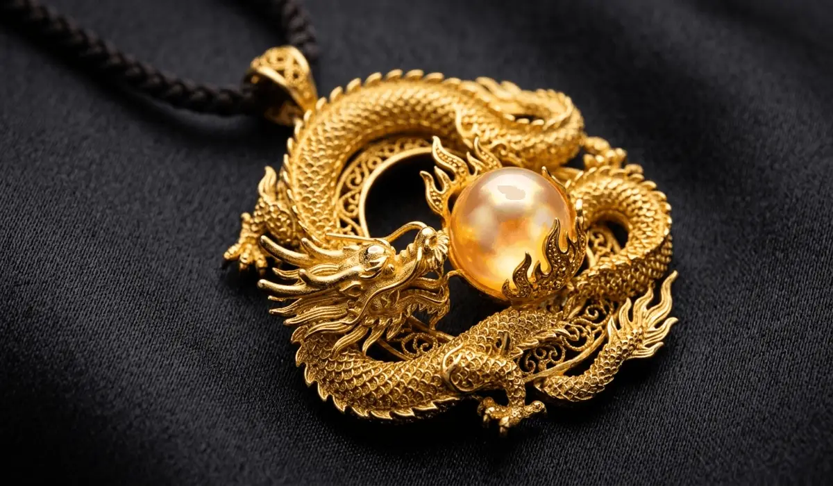 Detailed golden dragon jewelry pendant chasing a flaming pearl of wisdom.