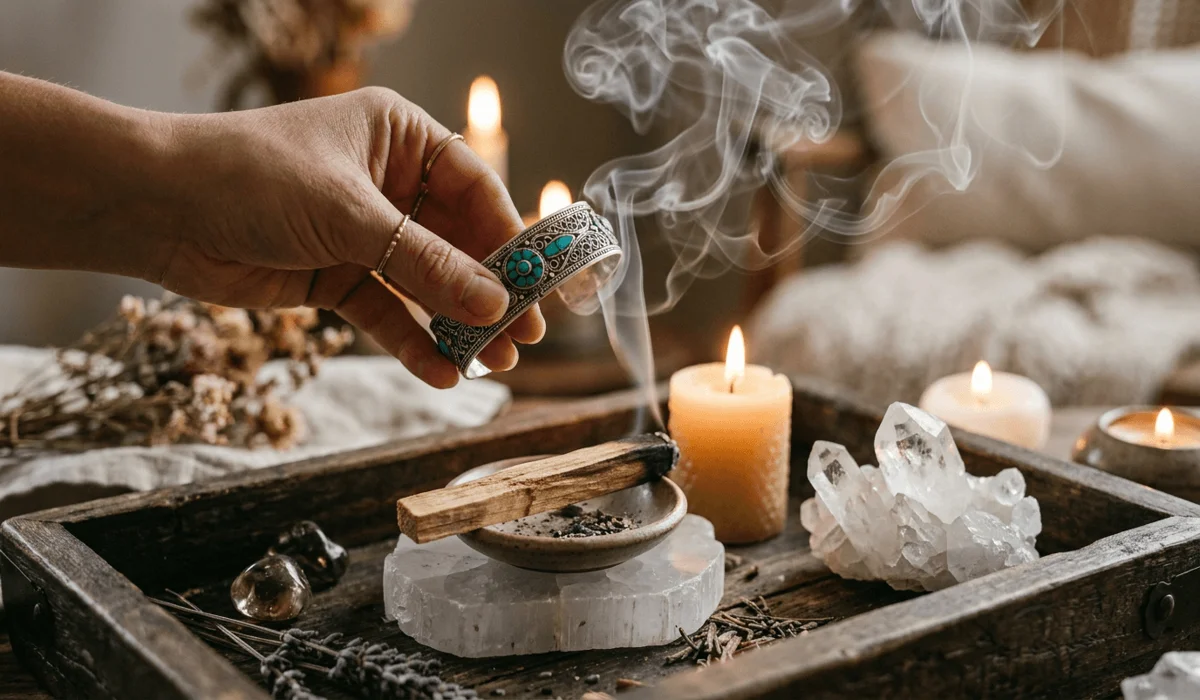Cleansing a Tibetan silver bracelet with Palo Santo incense smoke next to a Selenite charging crystal.