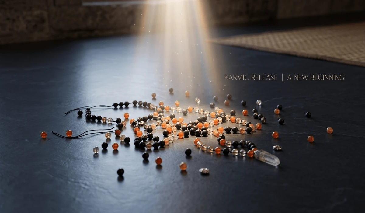 A broken gemstone mala with scattered beads on a stone floor, symbolizing spiritual breakthrough and the completion of a karmic cycle.