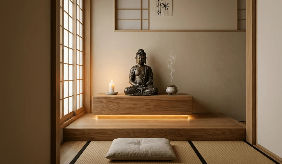 A correctly placed Buddha statue on an elevated altar in a minimalist Zen home, following Feng Shui rules of respect and chi flow.