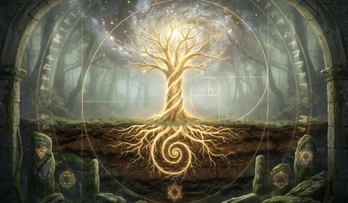 Spiritual illustration of the Tree of Life showing the interconnectedness of the earthly and divine realms.