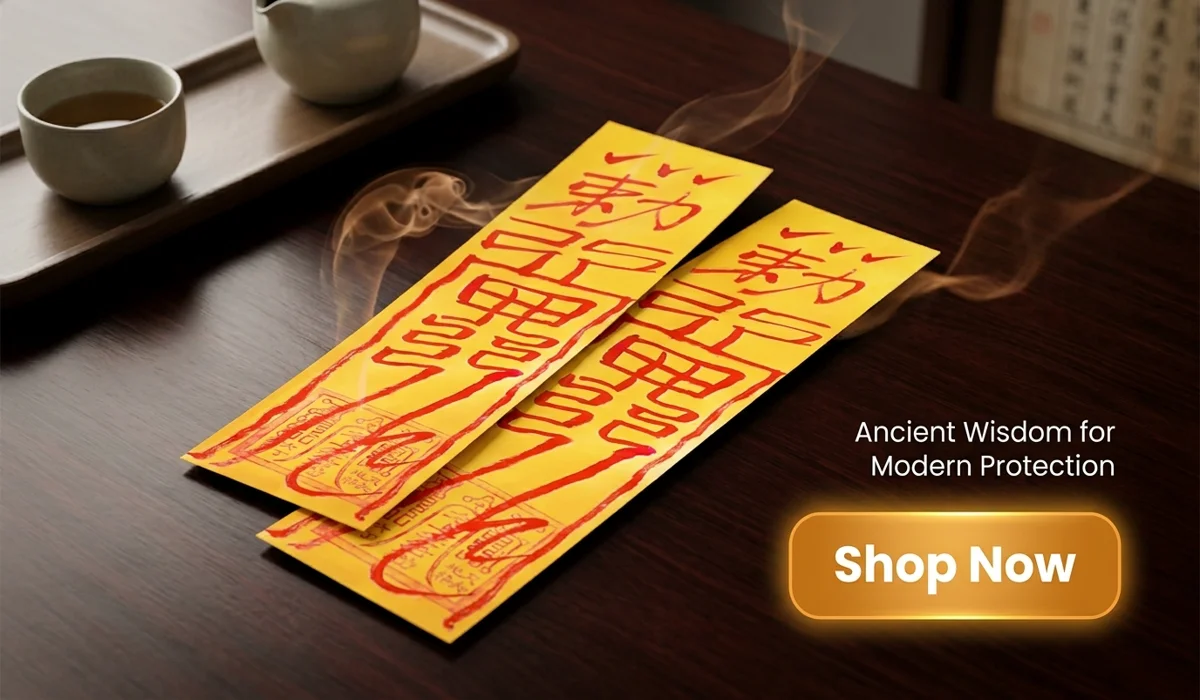 Personalised Peace and Safety Talisman for Inner Peace and Protection, traditional yellow and red spiritual charm in a Zen-style setting with a Shop Now button.