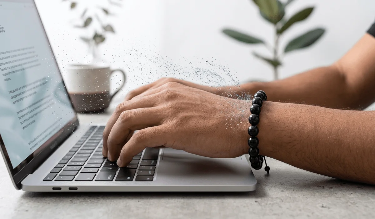 Black Tourmaline bracelet worn for digital wellness and protection while working on a laptop.