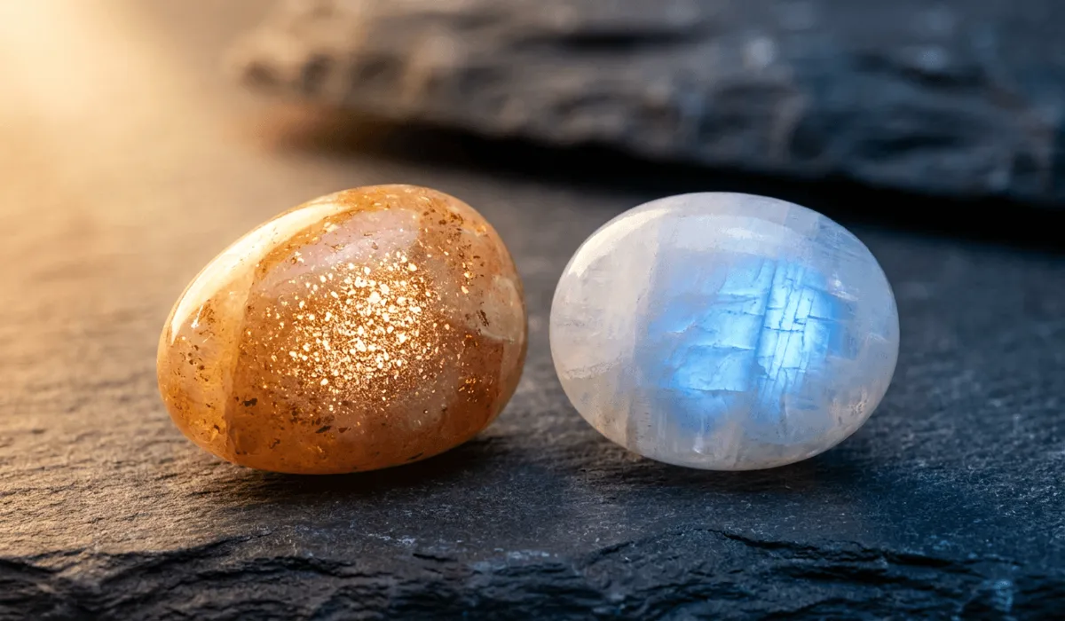 Macro shot of polished sunstone with golden copper flecks next to glowing moonstone showing blue adularescence, demonstrating crystal optical effects.