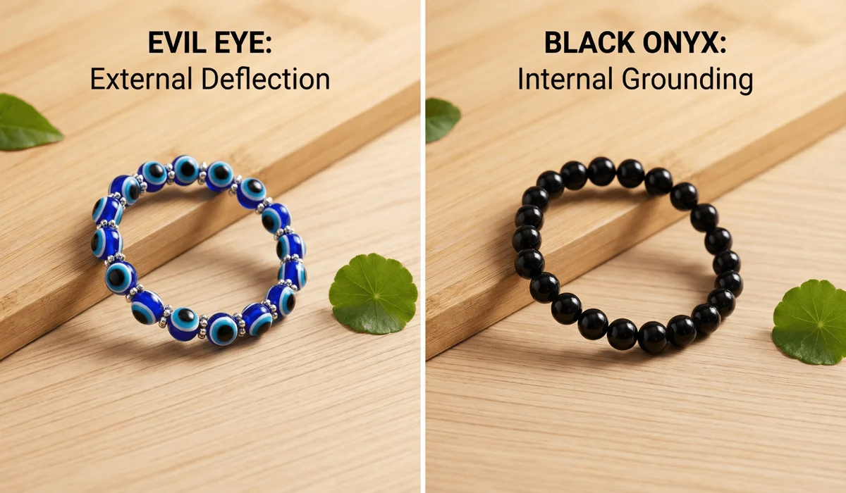 Comparison between a blue Evil Eye bracelet and a Black Onyx bracelet for babies, highlighting different spiritual meanings.