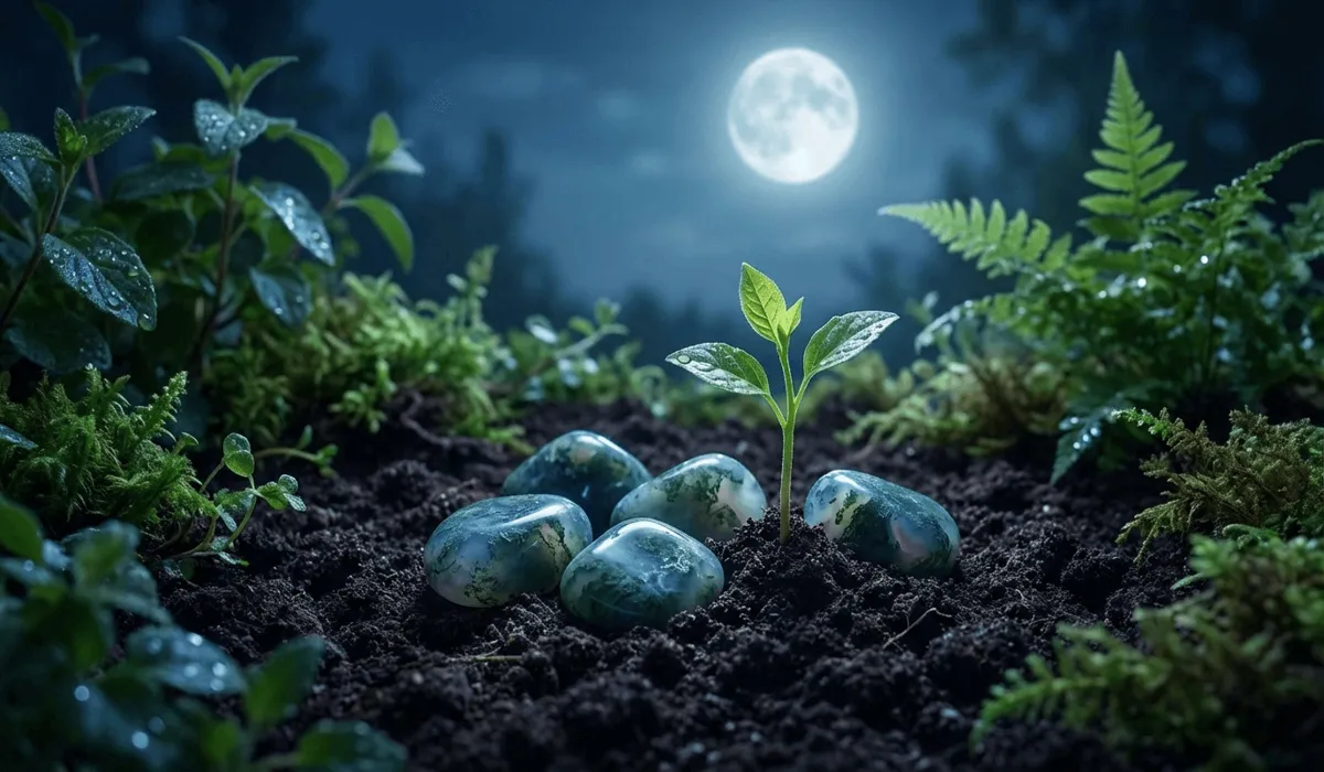 Moss Agate stones being charged in garden soil under moonlight to revitalize their Mother Earth energy.