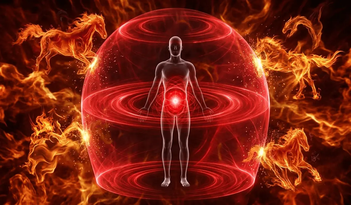 Conceptual illustration of the red string belly chain acting as a core energy protection shield for the Dan Tian and Root Chakra.