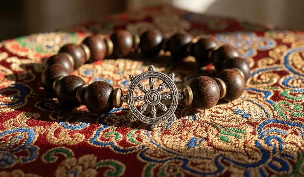 A handcrafted Tibetan Dharma Wheel bracelet with silver charm and sandalwood beads on silk fabric, symbolizing Buddhist teachings.