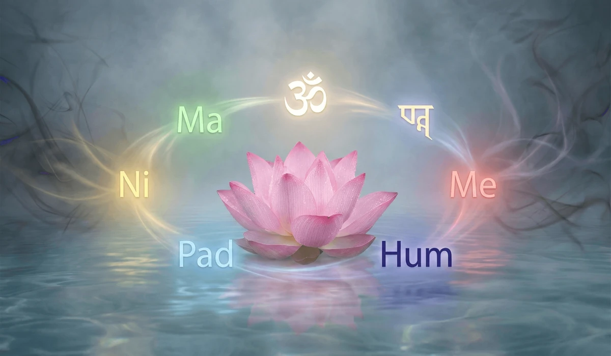 Symbolic representation of the six syllables of Om Mani Padme Hum around a blooming lotus flower reflecting spiritual purification.