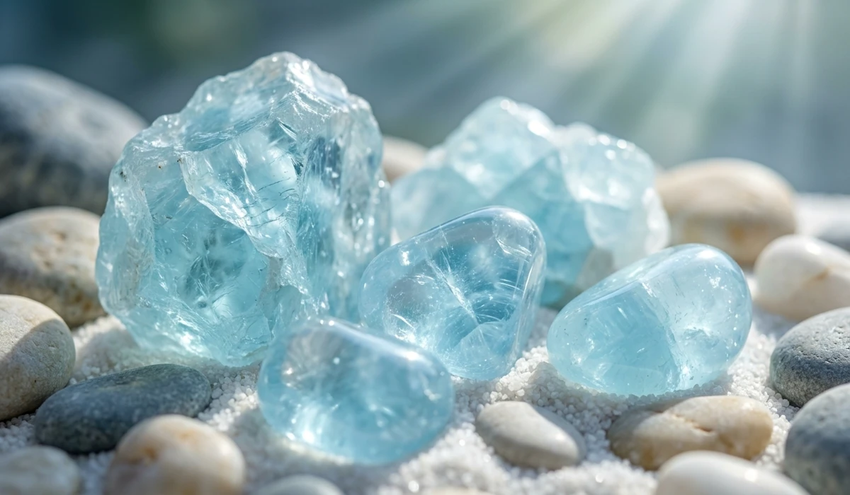 A collection of raw and polished aquamarine crystals on white sand, illustrating the calming energy and physical characteristics of the gemstone for meditation.
