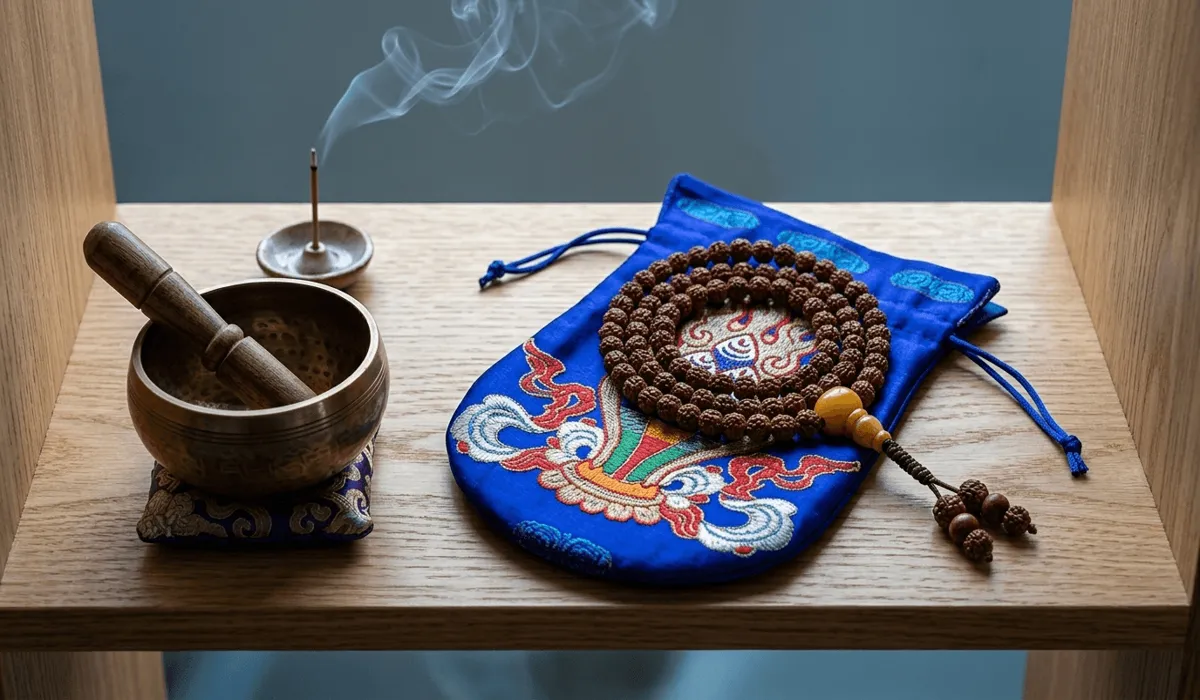 Mala beads stored respectfully on a silk pouch alongside a Tibetan singing bowl and smoke cleansing.