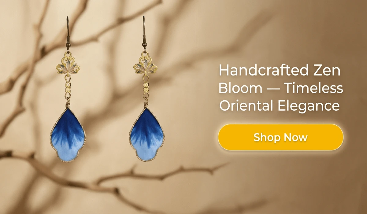 Ethereal Lotus Silk Flower Ronghua Blue Gradient Earrings - Handcrafted Oriental Zen Jewelry