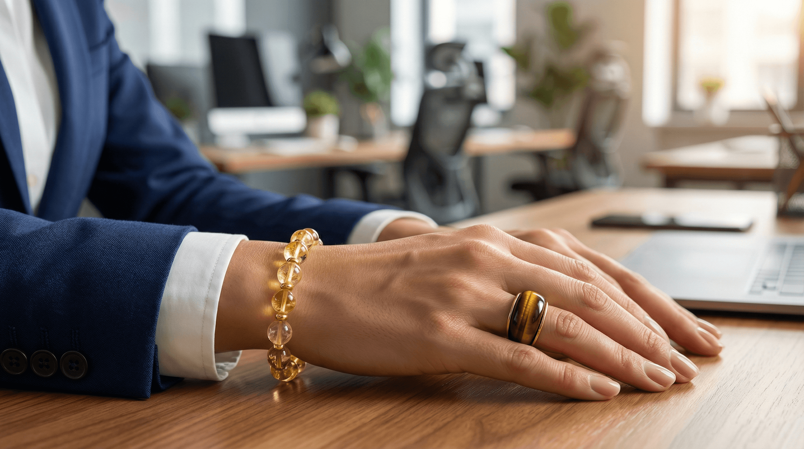 A professional wearing Citrine jewelry and a Tiger's Eye ring to boost self-confidence and manifestation in a business setting.