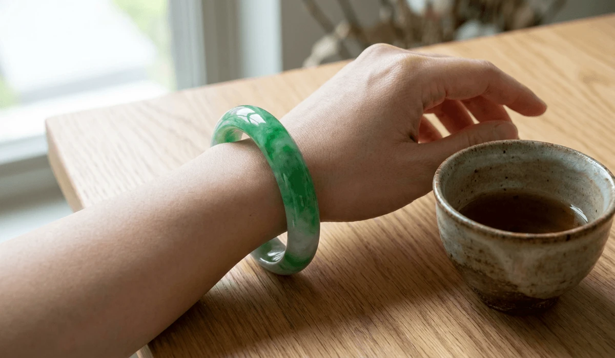Close-up of a genuine green jade bangle bracelet worn on the left wrist during a tranquil daily routine.