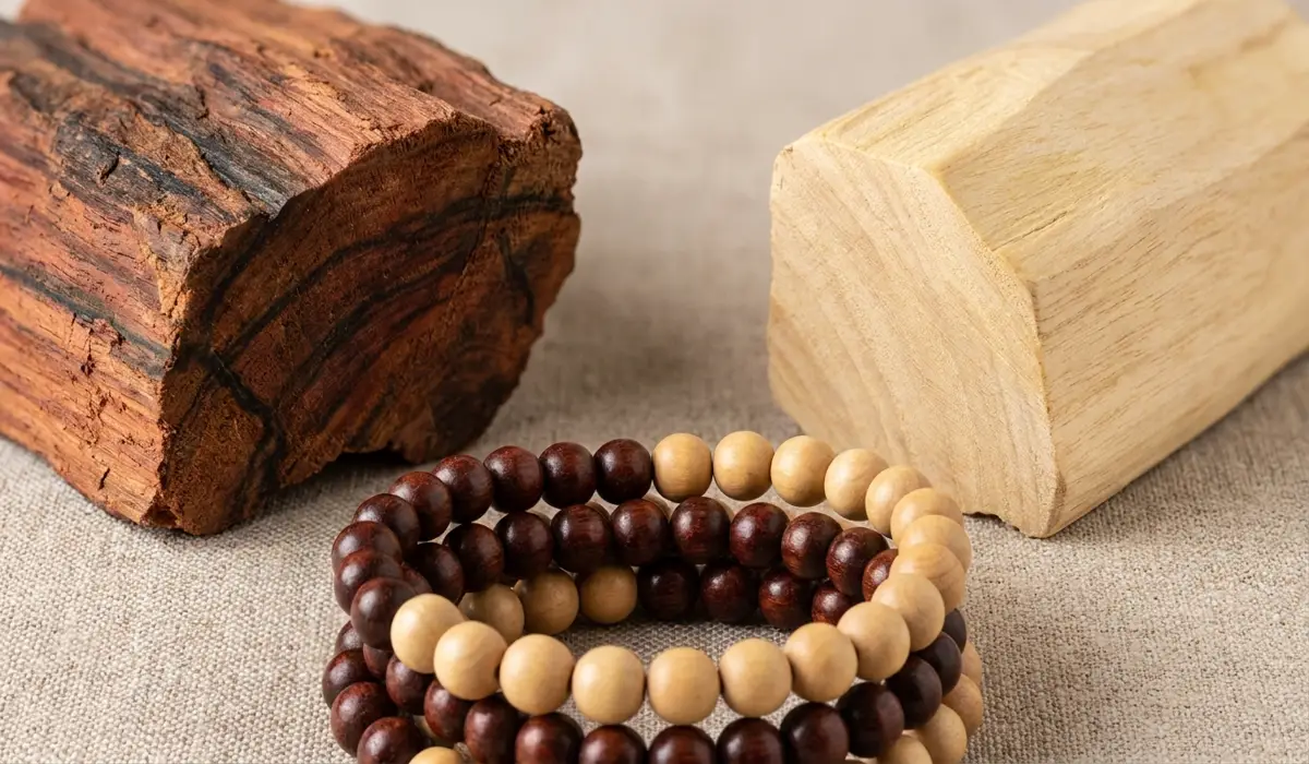 Side-by-side comparison of Rosewood and Sandalwood showing natural grain, color differences, and polished meditation beads.