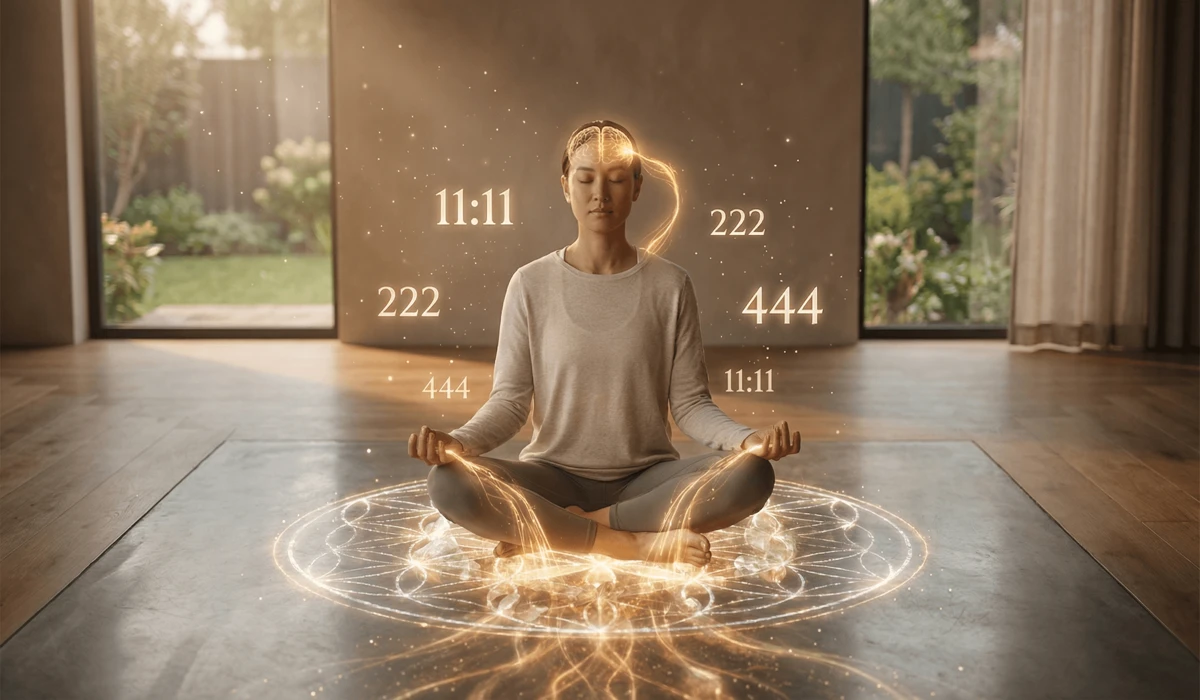 A person meditating with glowing number sequences representing spiritual rituals and energetic alignment.