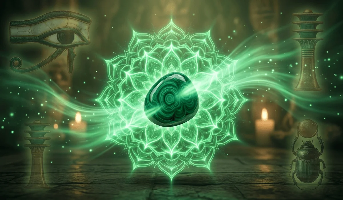 Spiritual illustration of Malachite crystal energy interacting with the Heart Chakra for emotional healing.
