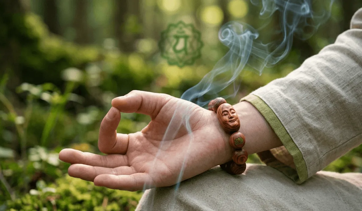 A person wearing a Huanghuali bracelet during meditation, symbolizing spiritual grounding and Heart Chakra balance.