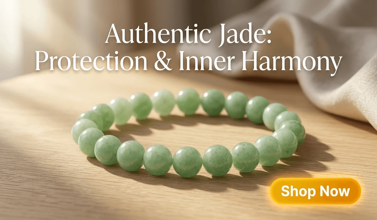 Premium green jade beaded bracelet for spiritual protection and inner harmony on a peaceful zen background with a Shop Now button