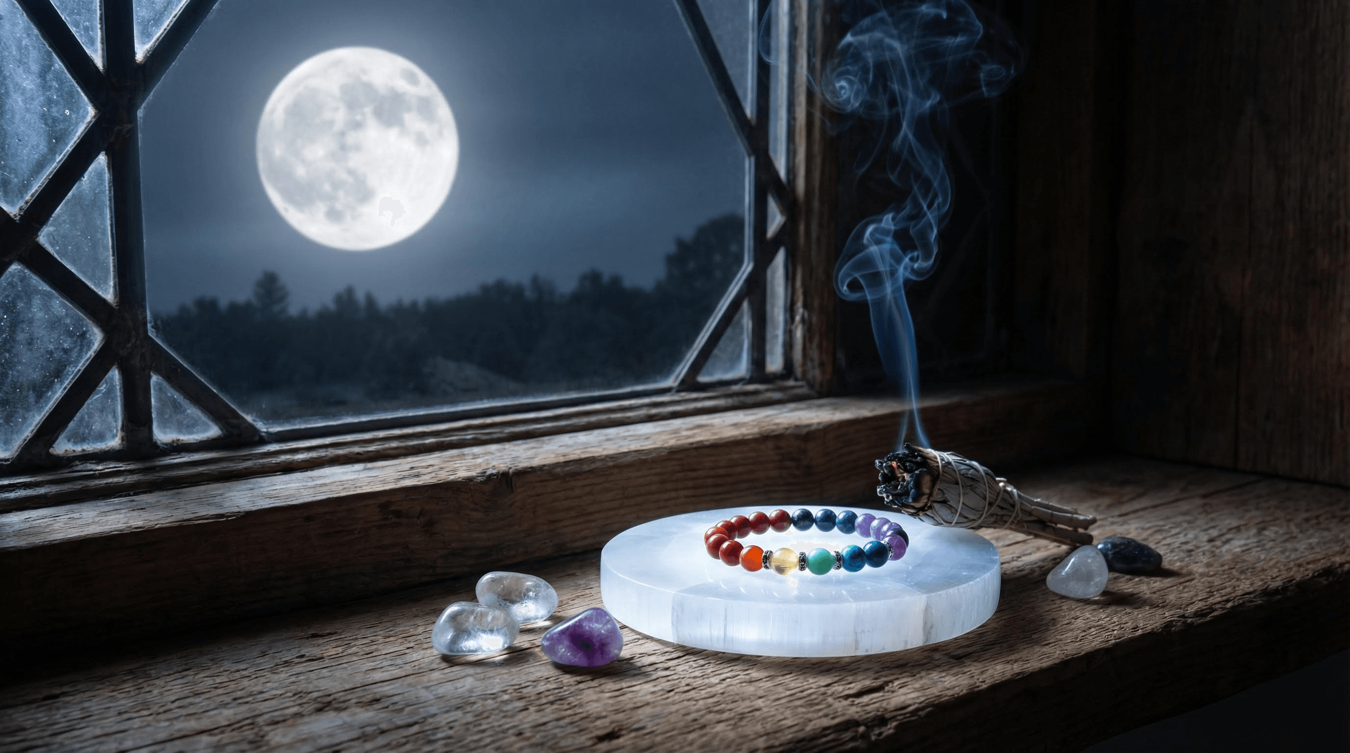 7 chakra bracelet being cleansed and charged on a selenite plate under the moonlight on a windowsill.