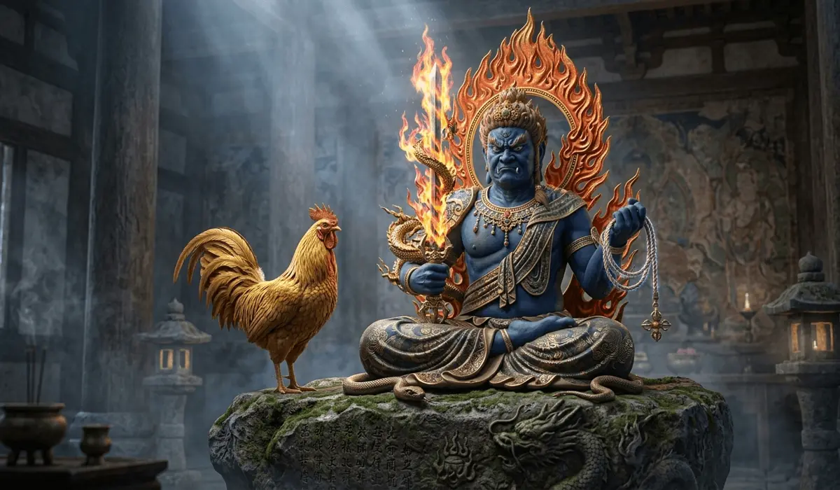 Acala (Fudo Myoo) seated on a rock with a golden rooster, symbolizing the guardian Buddha of the Year of the Rooster zodiac.