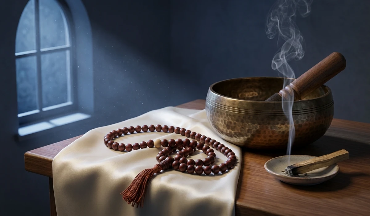 Rosewood mala beads being cleansed with sound and smoke on a sacred altar under moonlight.