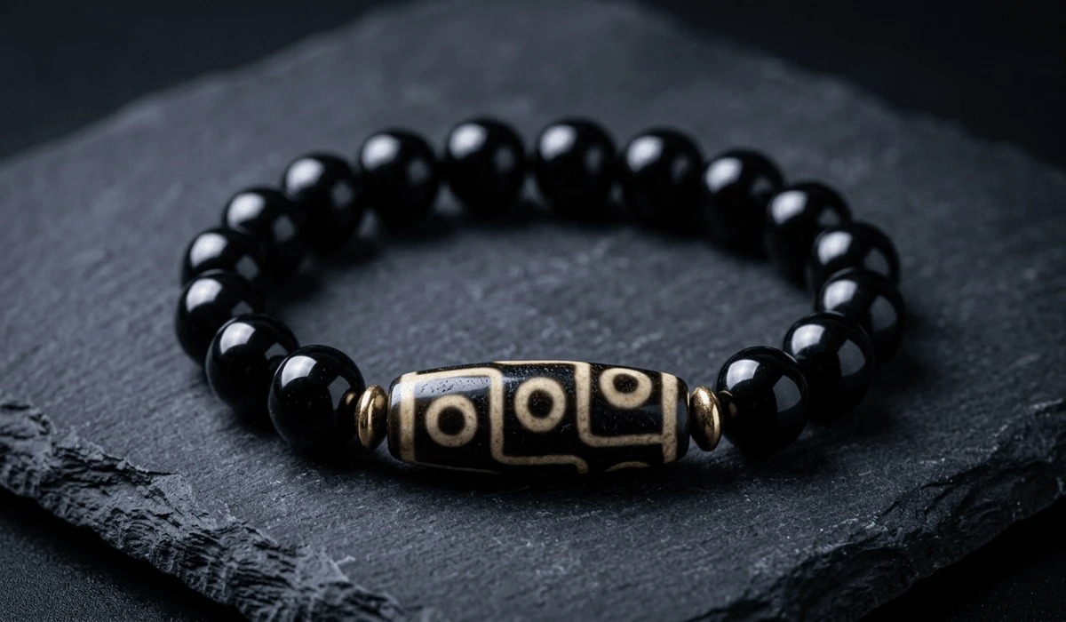 A close-up view of a nine eye Dzi bead and glossy black obsidian bracelet on a dark slate surface.