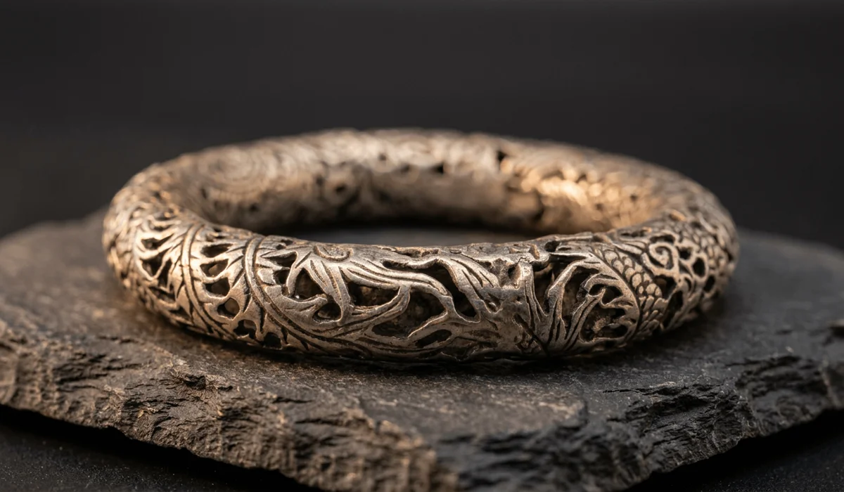 Detailed macro view of a hand-hammered Tibetan silver bracelet showing dark antique patina and traditional carved craftsmanship on dark slate.