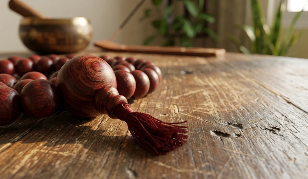 Detailed close-up of traditional Rosewood prayer beads used for Metta meditation, highlighting the natural wood grain and guru bead.