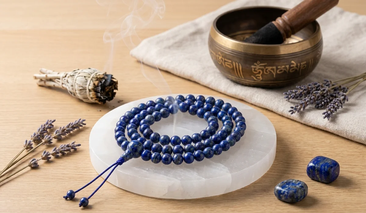 Lapis Lazuli mala beads being cleansed with sage smoke on a Selenite charging plate.