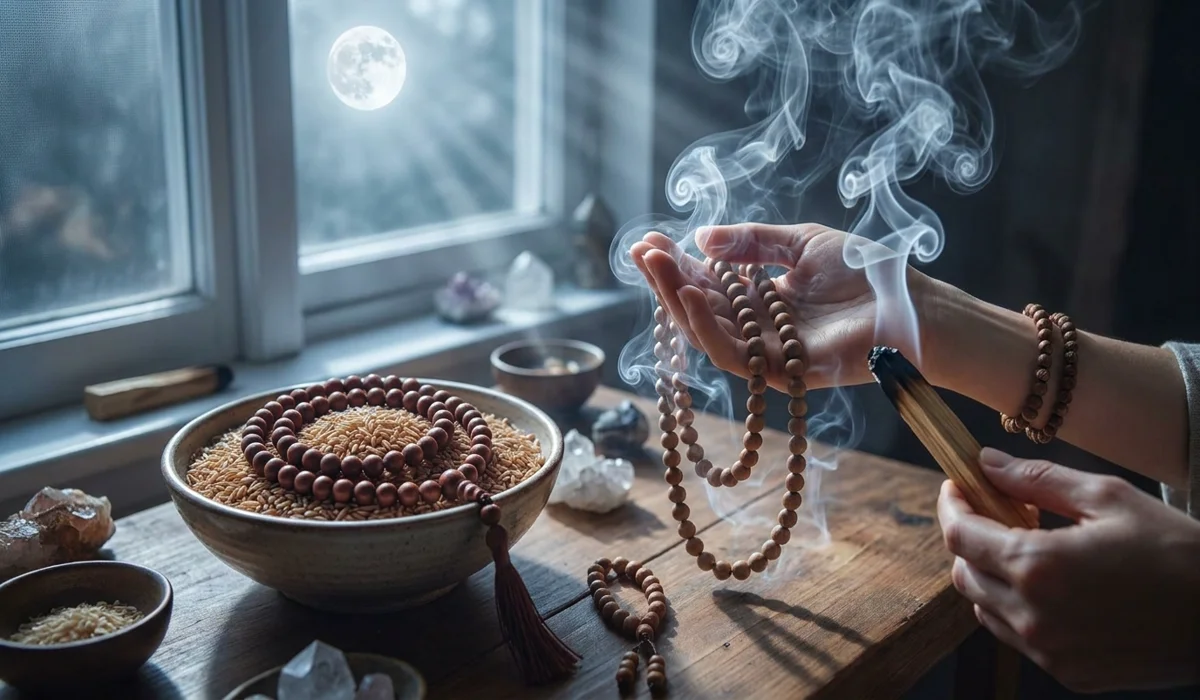 Cleansing and charging ritual for rosewood and sandalwood beads using smoke cleansing and brown rice.