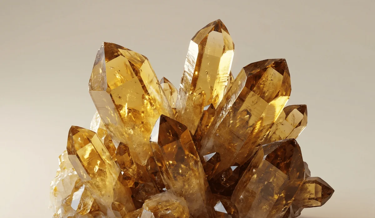 Natural citrine crystal cluster showing golden honey-brown hues and vitreous luster, known as the Merchant's Stone.