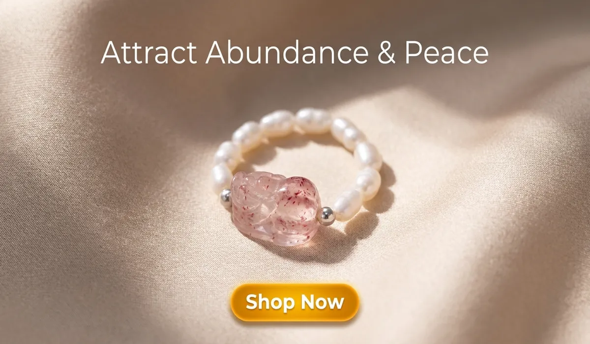 Pearl Pixiu Ring for Peace Love and Fortune featuring pink strawberry quartz and freshwater pearls - elegant spiritual jewelry for wealth and protection