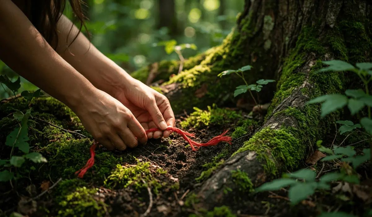Respectful disposal ritual of placing a broken natural red waist string into green forest soil for natural returning.