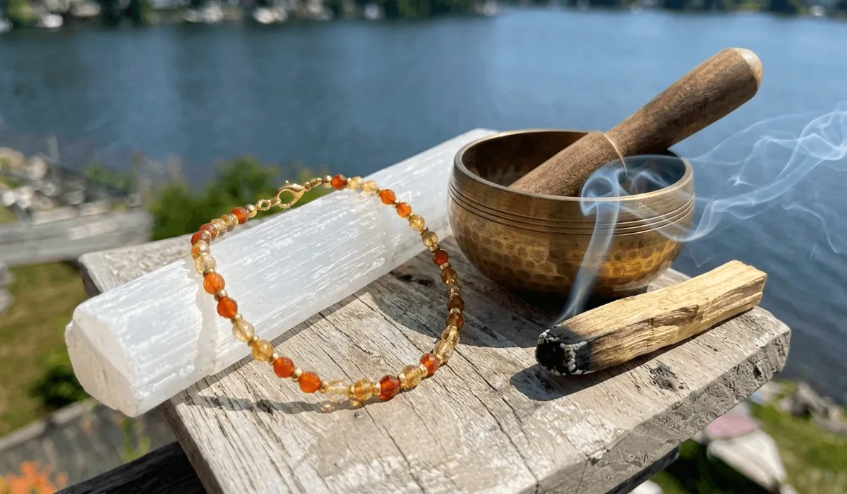 Artisan gemstone anklet resting on a raw white selenite charging slab alongside a singing bowl and cleansing smoke for energetic recharging.