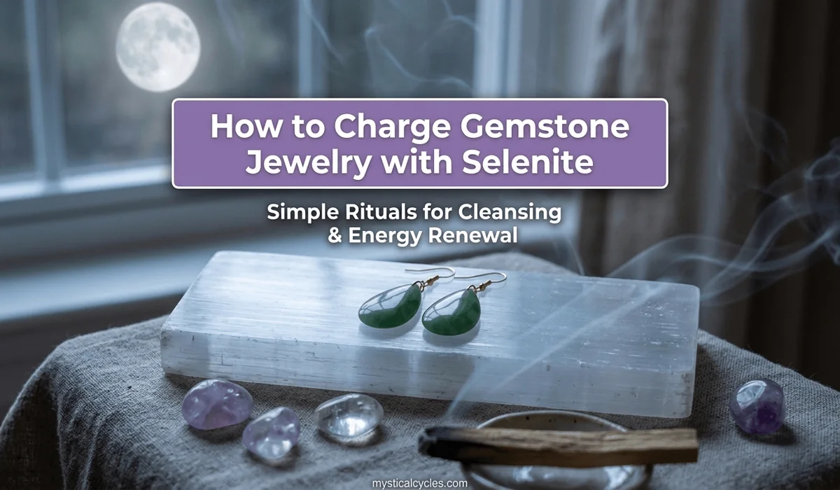 Jade Feng Shui earrings being cleansed on a Selenite plate under moonlight with sacred smoke for energy charging.