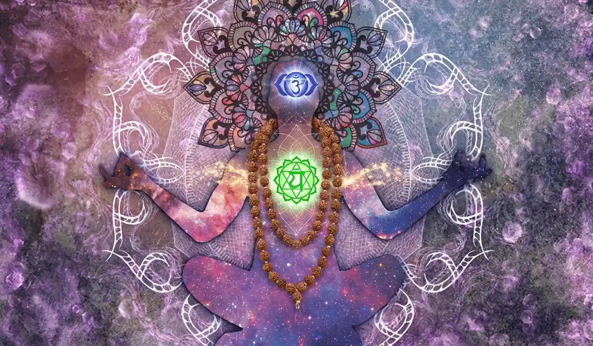 Spiritual illustration of Rudraksha beads aligning heart and third eye chakras during meditation.