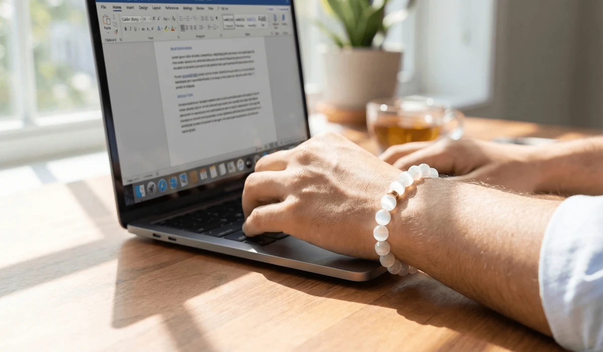 Person wearing a Selenite beaded bracelet for aura protection and focus while working in a bright office.