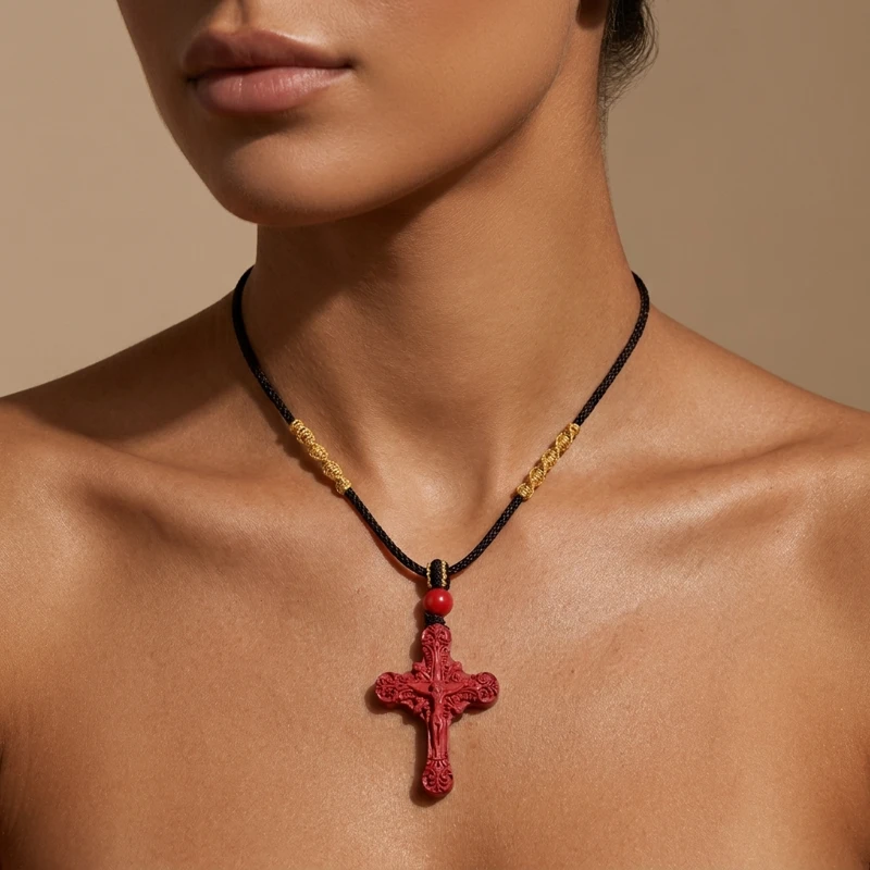 Cinnabar Cross Necklace – Protection, Spiritual Peace & Good Fortune