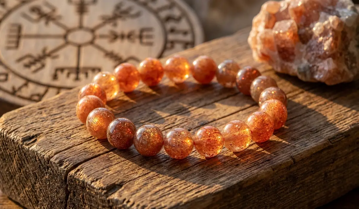 A close-up of a Sunstone bracelet showing the shimmering metallic inclusions and golden glow, representing its meaning as the Stone of Joy.