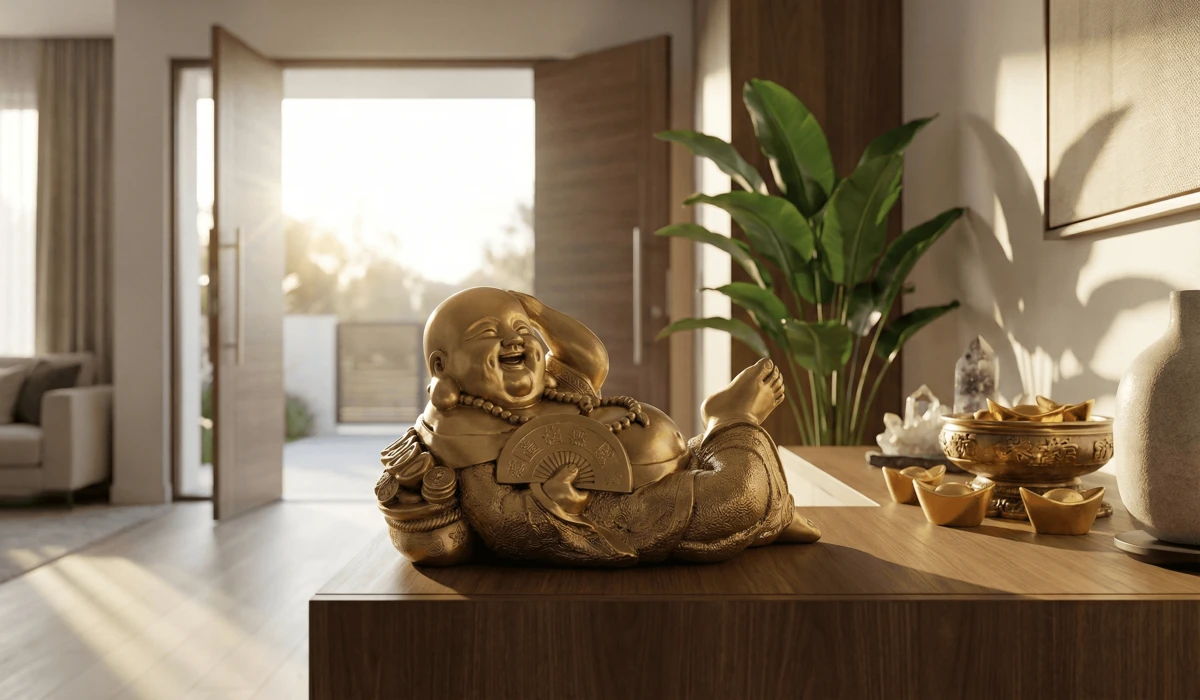 Strategic placement of a golden Laughing Buddha statue facing the main entrance of a modern home to attract wealth and positive energy.