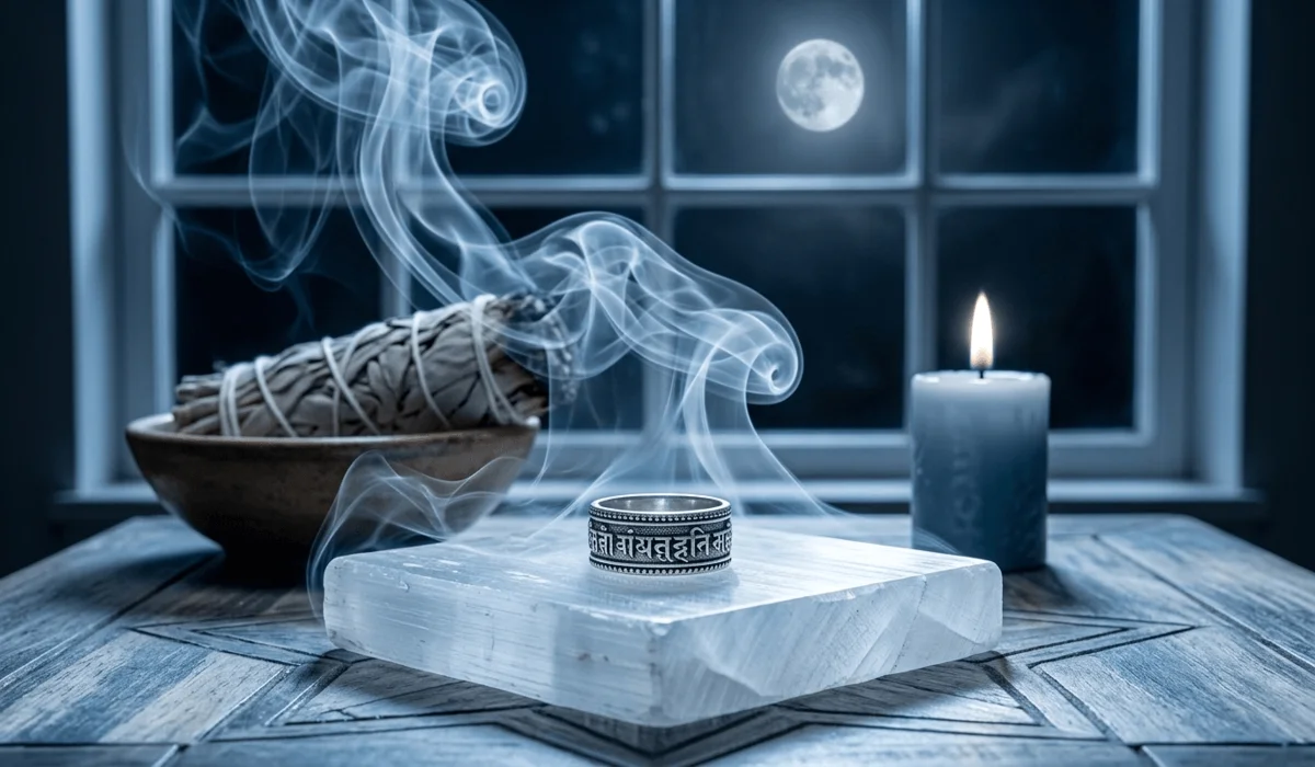 A mantra ring being cleansed with sage smoke on a selenite plate under moonlight to purify its spiritual energy.
