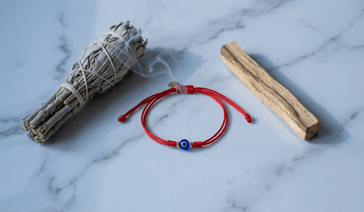 Flat lay of a red string evil eye bracelet with sage and Palo Santo for a spiritual cleansing and charging ritual.