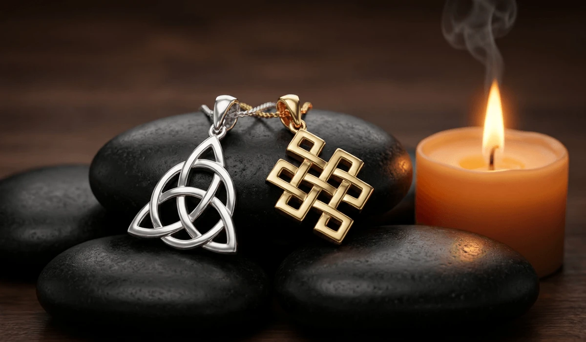 A sterling silver Celtic knot pendant and gold Buddhist Endless Knot necklace displayed on polished black stones.